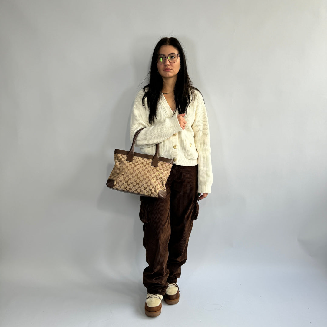 Gucci handbag dark brown leather details monogram beige 