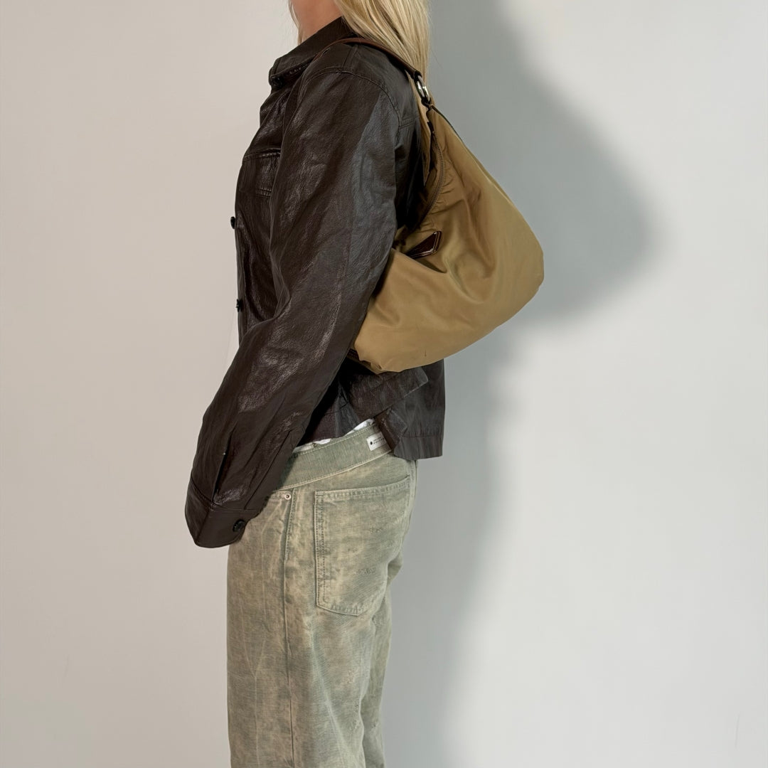 Prada Hobo Croissant Shoulder Bag In Beige Nylon