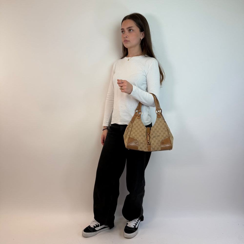 Gucci Handtasche New Jackie braune Lederdetails monogram beige