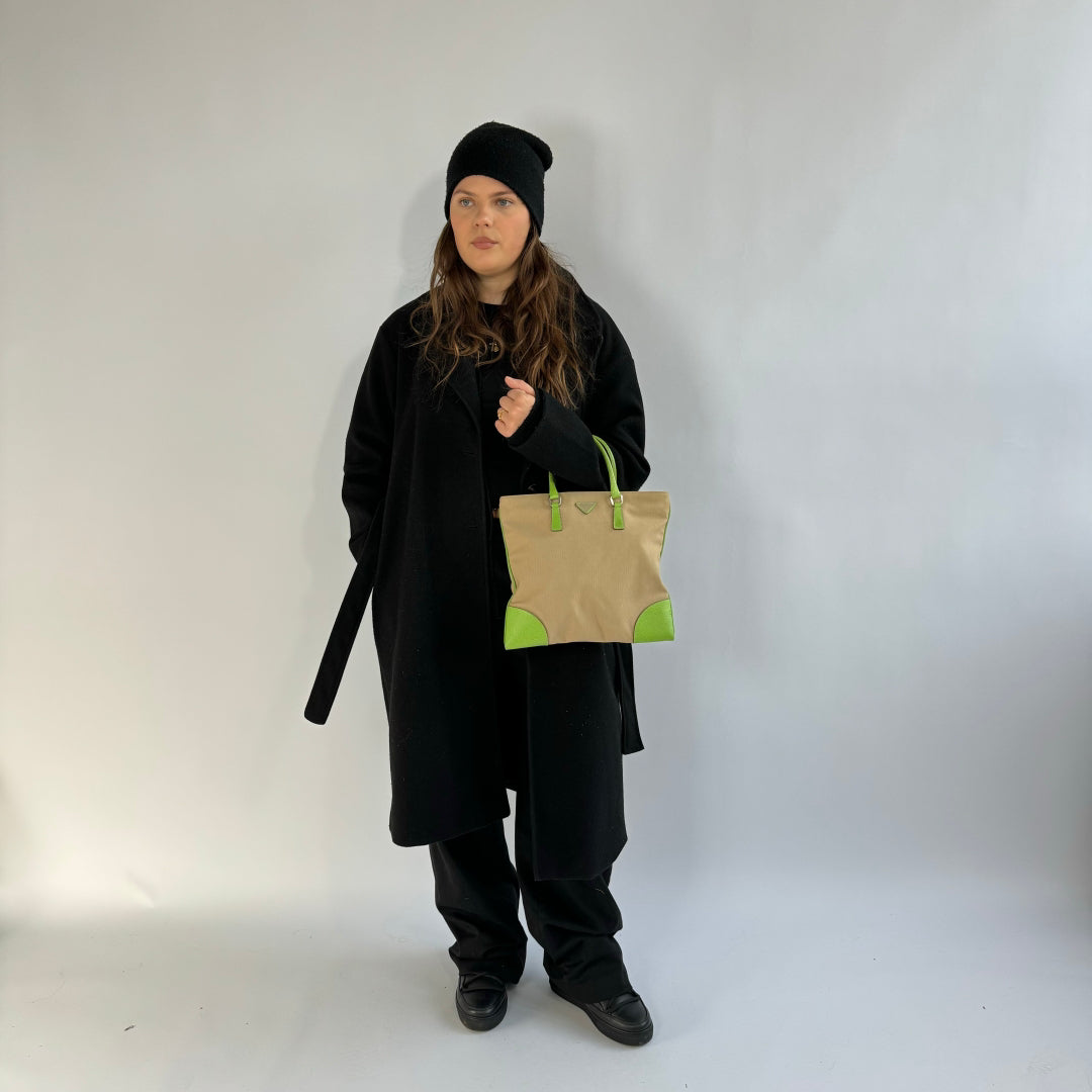 Prada handbag with neon green leather details in beige fabric