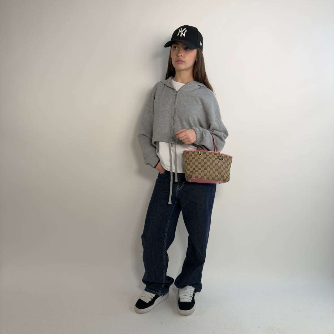 Gucci handbag mini shopper with pink leather details monogram beige