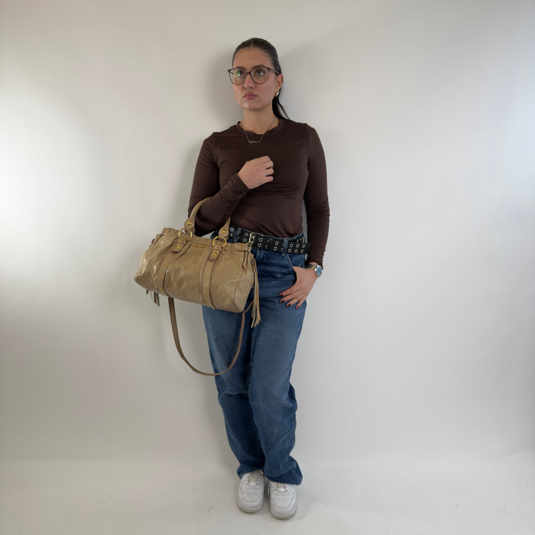 Miu Miu handbag Vitello Lux with shoulder strap made of beige leather
