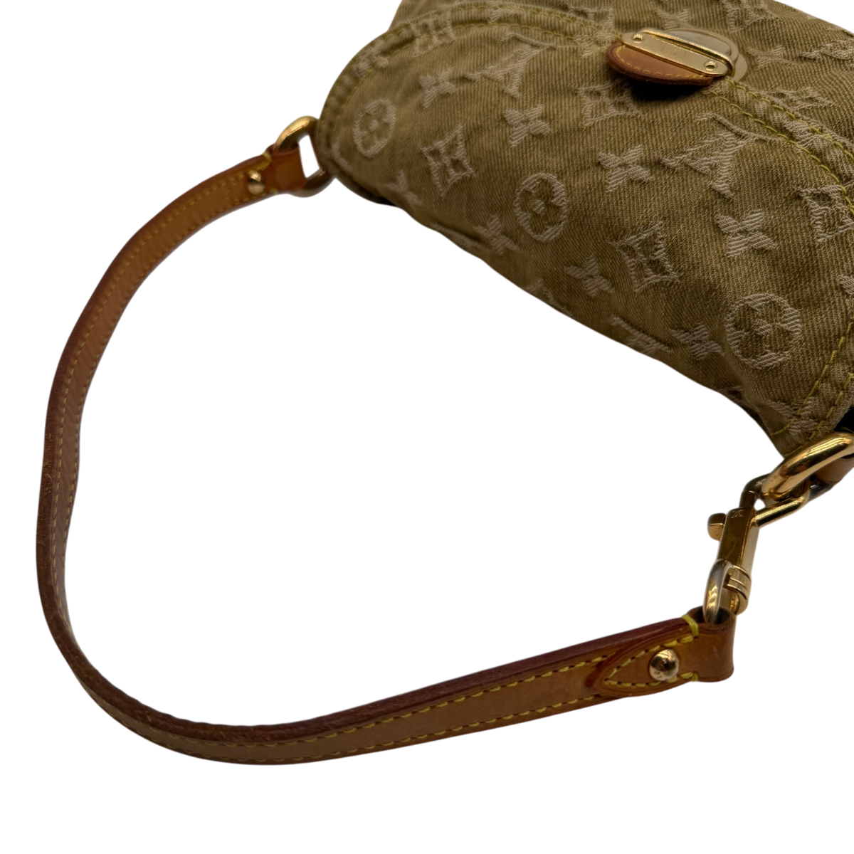 Louis Vuitton Schultertasche Mini Pleaty aus Denim monogram khaki – Schulterriemen im Detail