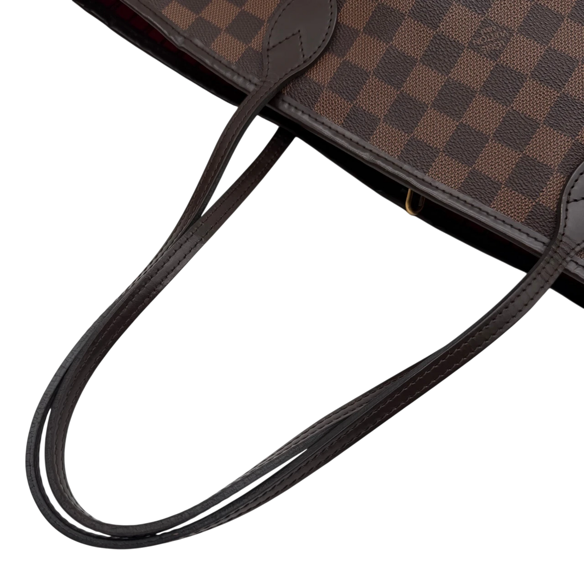 Louis Vuitton Shopper Neverfull MM Damier Ebene mit Clutch braun – Schulterriemen im Detail