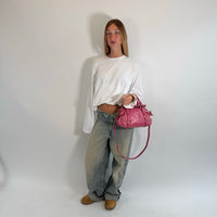 Miu Miu Handtasche Vitello Satchel small mit Umhängegurt aus Leder pink