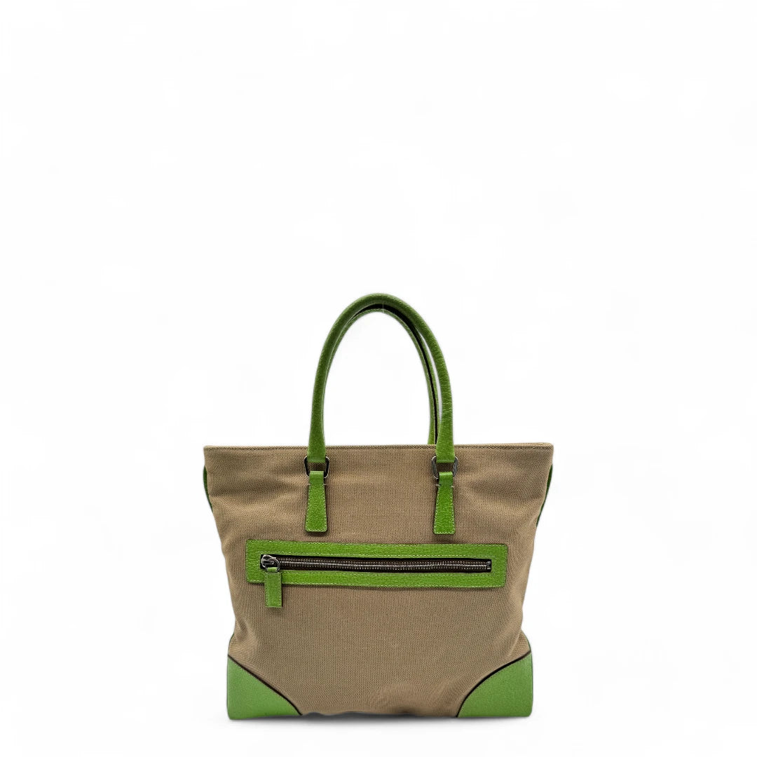 Prada Handtasche mit neongrünen Lederdetails aus Stoff beige