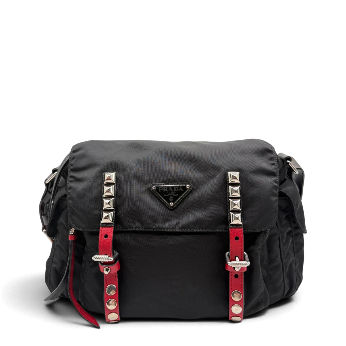 Prada Messengertasche AW18 Rockstar mit Nieten und seitlichen Taschen aus Nylon & Leder schwarz – Gesamtansicht