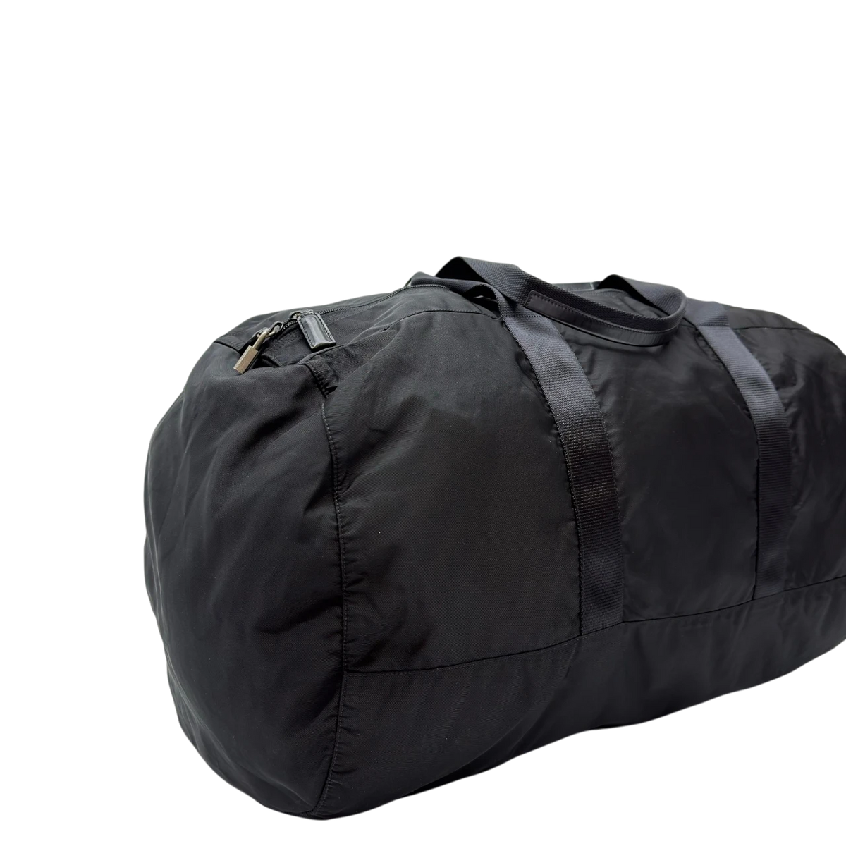 Prada Reisetasche in Zylinderform aus Nylon schwarz – Seitenansicht