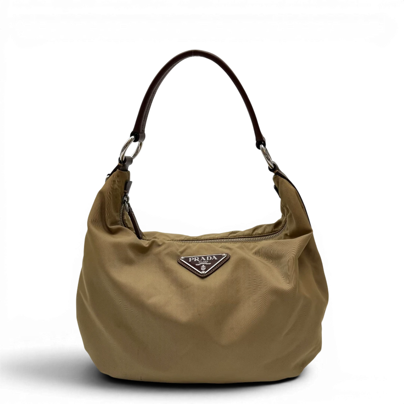 Prada Schultertasche Hobo Croissant aus Nylon beige