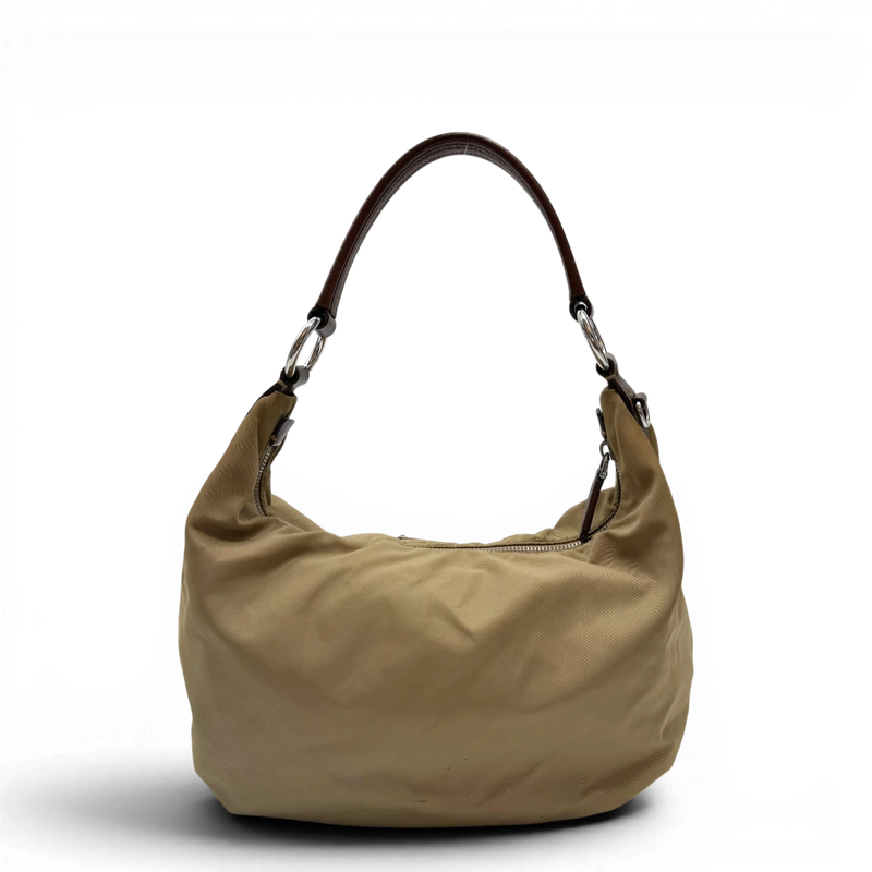 Prada Schultertasche Hobo Croissant aus Nylon beige