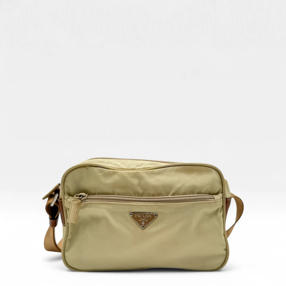 Prada rectangular small shoulder bag in beige nylon