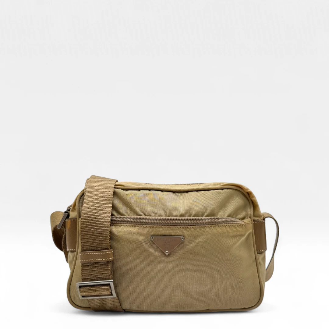 Prada rectangular small shoulder bag in beige nylon