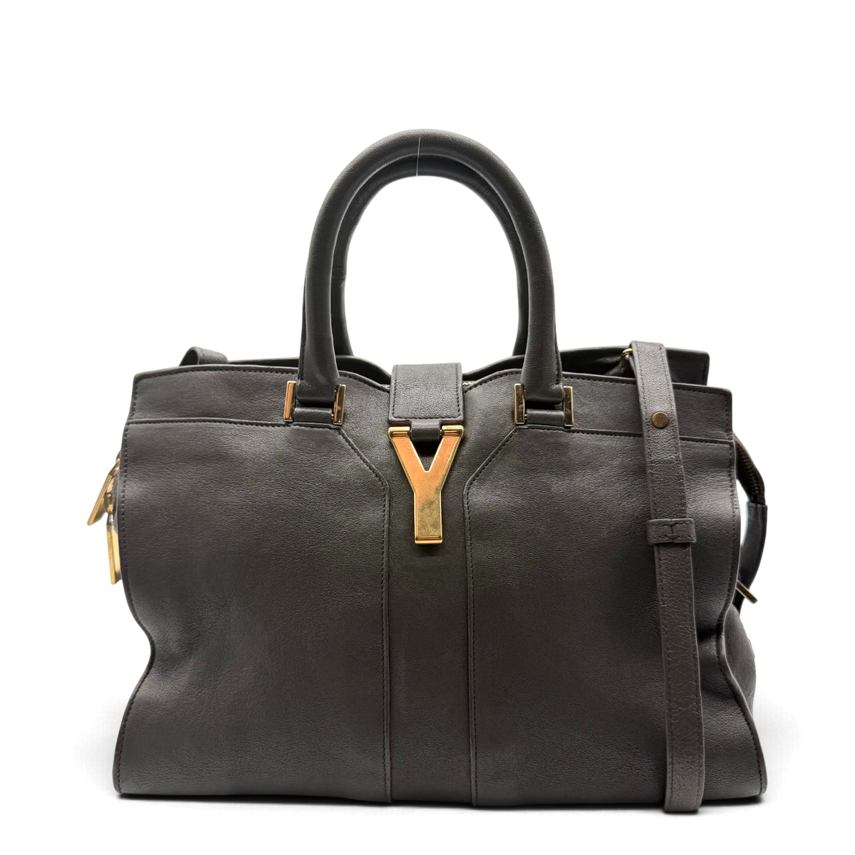 Saint Laurent Handtasche Cabas mit Umhängegurt aus Leder grau – Gesamtansicht