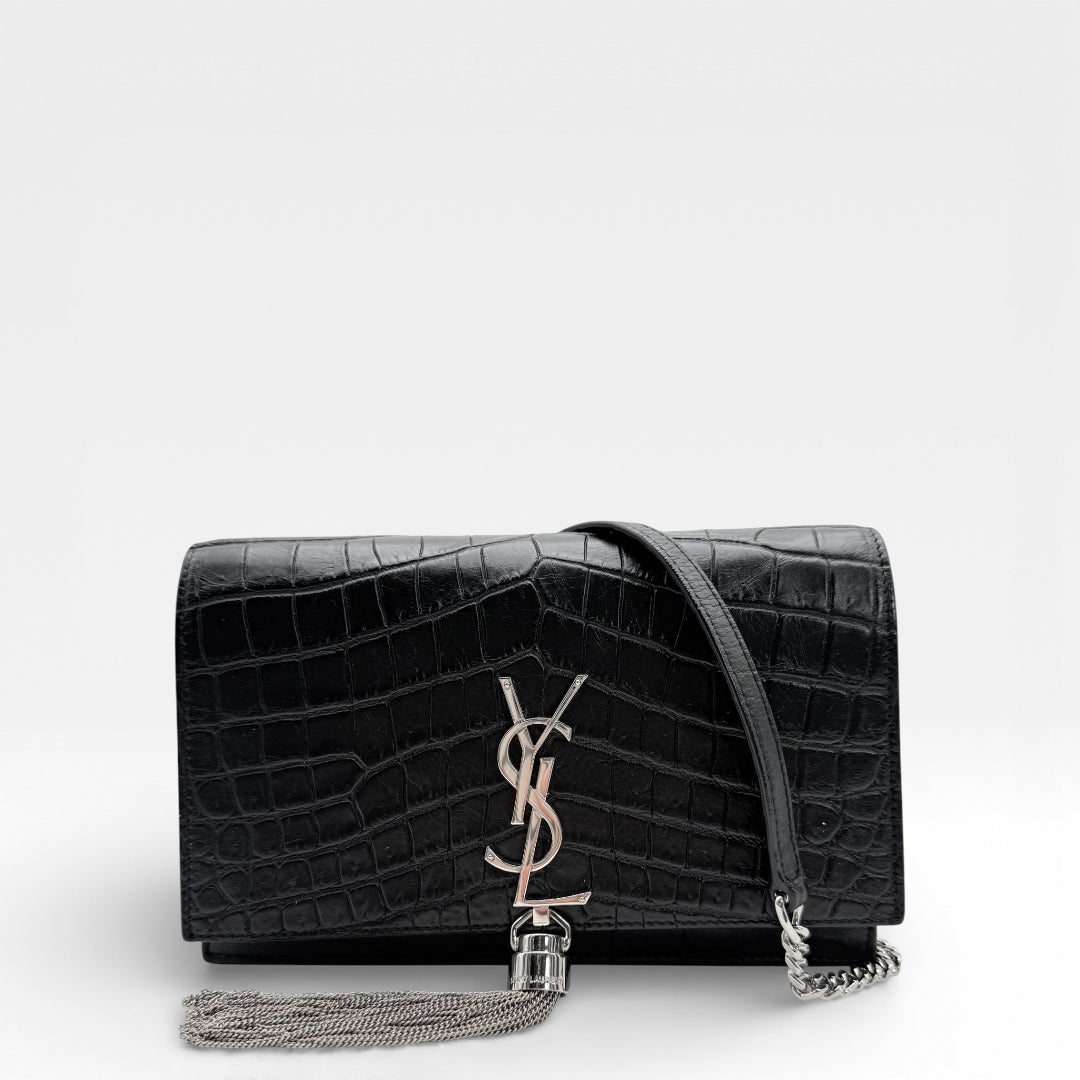 Umhängetasche Kate Tassel Small Croco schwarz