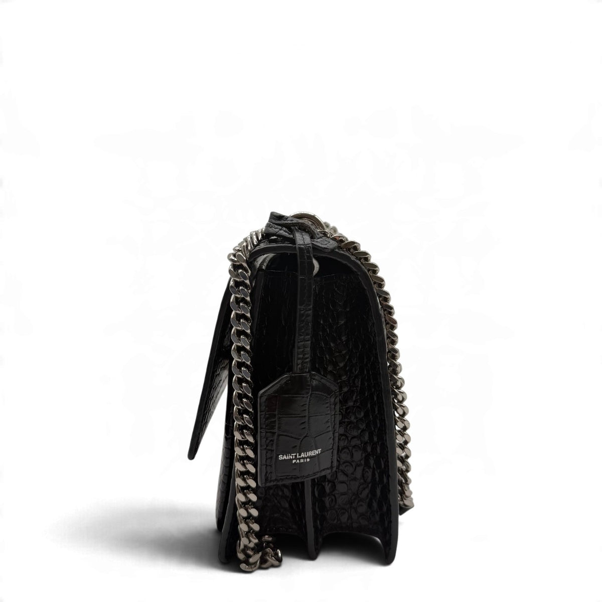 Saint Laurent Umhängetasche Sunset medium im Krokodilprint aus Leder schwarz – Seitenansicht