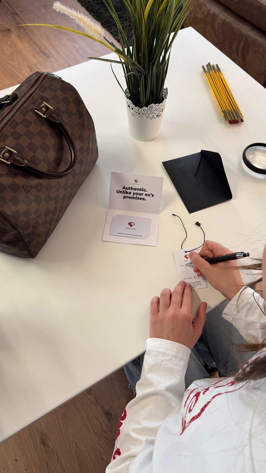 9ine Life Echtheitskarte neben einer Louis Vuitton Speedy Damier Ebene
