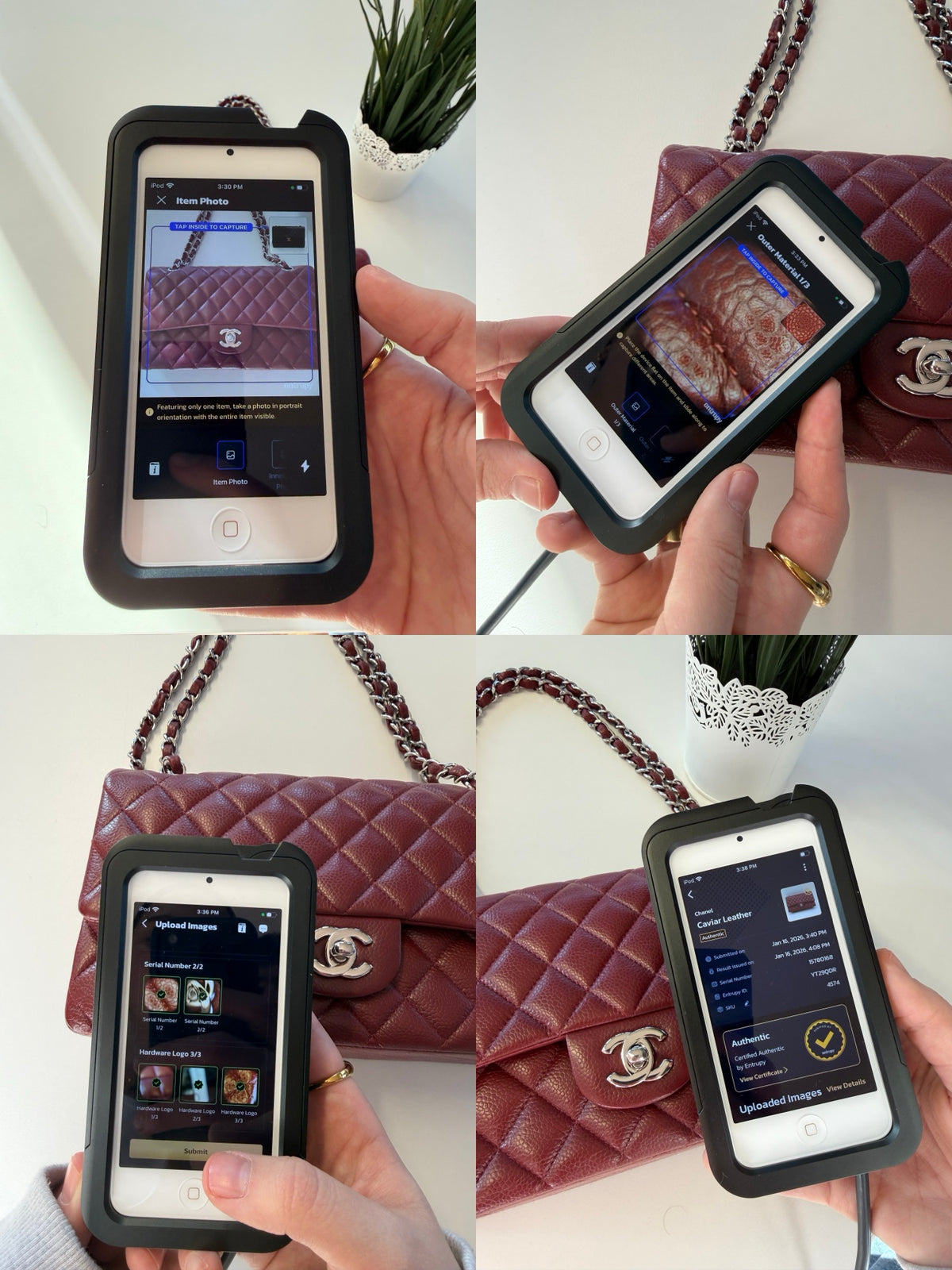 Entrupy App und Prüfgerät während der Authentifizierung einer Luxustasche