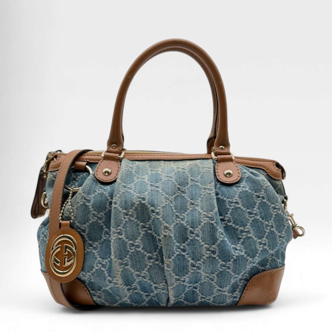 Gucci Handtasche Sukey braune Lederdetails aus Denimstoff blau